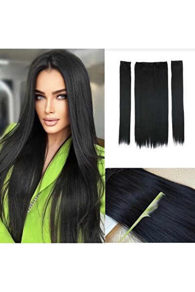 AKOLİFE 3 Parça Siyah Yarımay + 2 Yan Çıt Çıt Saç Postiş Set - Isıya Dayanıkl...