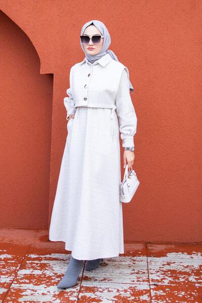 Tesettür Çarşım Üst Cepkenli Tüvit Ekoseli Elbise-ekru