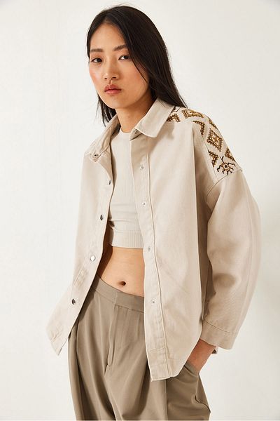 Bianco Lucci Damen-Jacke aus Gabardine mit Ethno-Stickereimuster
