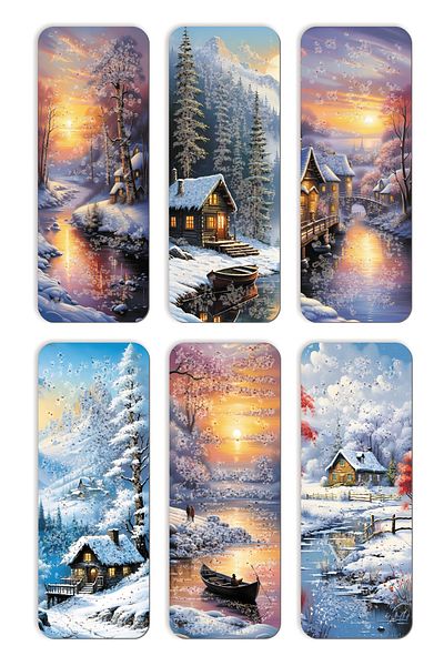 Mia Pera Set of 6 Glittery Bookmarks Christmas Themed Snowman Santa Claus Landscape New Year