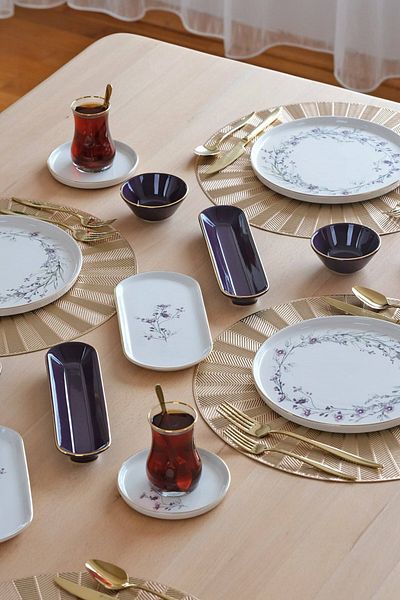 Glore Levander Gold Gilded - 32 Pieces Ceramic Breakfast Set for 6 People