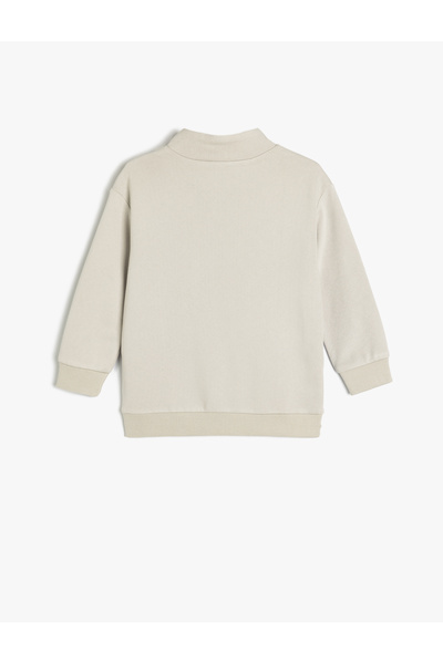 Koton Stand Collar Button Detailed Printed Cotton Raised Oversize Sweatshirt