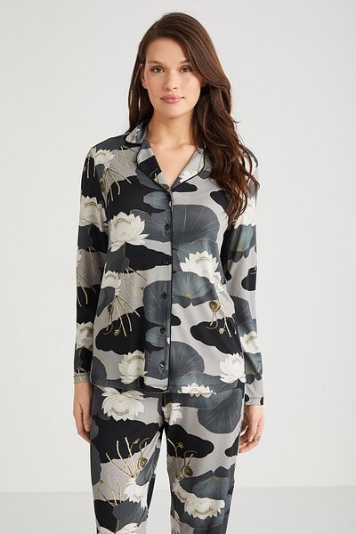 Penyemood Women's Long Sleeve Front Button Smoked Pajamas Suit C7T2N7O9