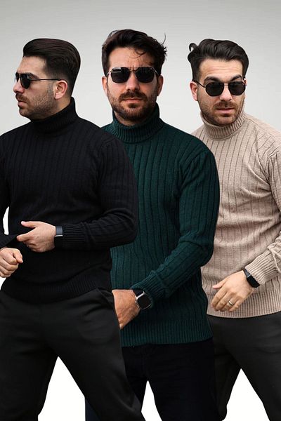 Know Men's Black Green Beige Turtleneck Winter Knitwear Sweater Set of 3