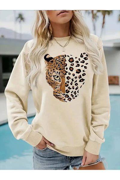 AEMİ Φούτερ Unisex Leopard Tiger Printed Crew Neck Oversize