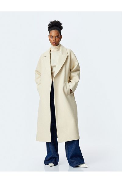 Koton Extra Long Stitched Coat with Belt Detail Pockets
