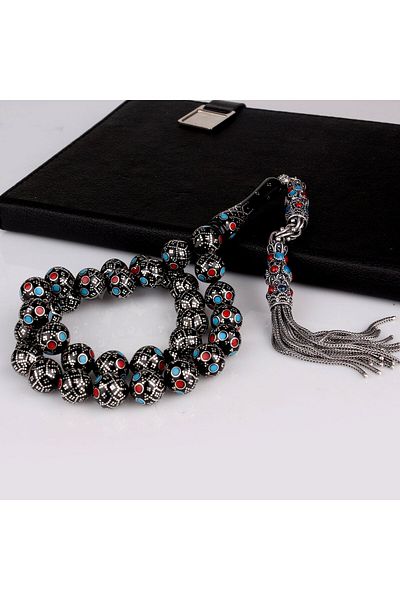 Tesbihsepetim 11.mm Silver Processing Burgundy Blue Enamel Master Handcrafted Kuka Rosary