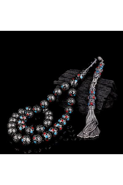Tesbihsepetim 11.mm Silver Processing Burgundy Blue Enamel Master Handcrafted Kuka Rosary