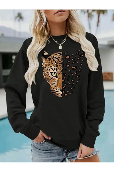 AEMİ Unisex Leopard Tiger Printed Crew Neck Oversize Sweatshirt