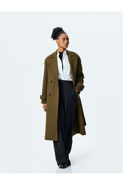 Koton Double Breasted Long Stamp Coat with Pockets and Belt