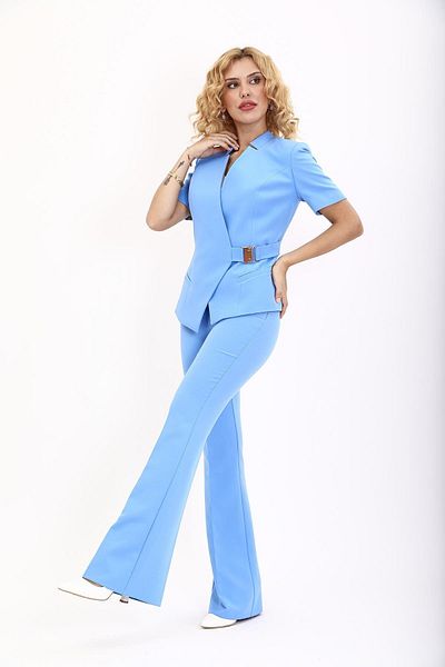 ÖNDER ÖZSOY Buckle Short Sleeve Jacket & Spanish Leg Pants Set-Sky