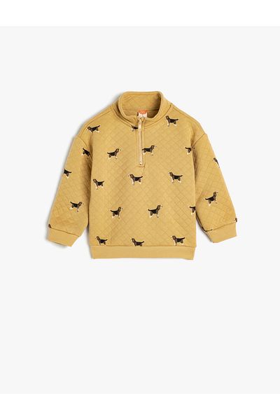 Koton Dog Print Long Sleeve Quilted Sweatshirt with Half Zipper Detail