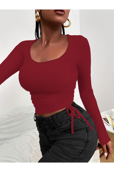 Moka Shopin MokaShopin Γυναικεία μακρυμάνικα πλαϊνά Shiring Λεπτομέρεια Camisole Crop