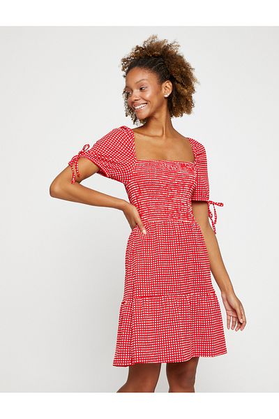 Koton Checked Dress Square Neckline Elastic Balloon Sleeves