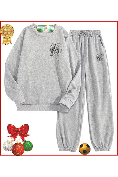 HOFFNUNG Full Sweatshirt Monaliza Woman Face Grey Printed Tracksuit Set