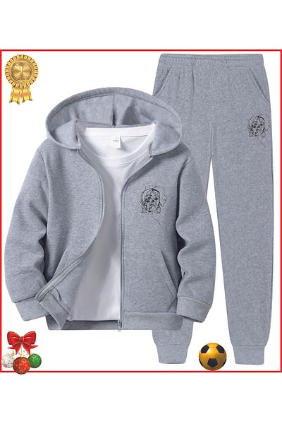 HOFFNUNG Full Sweatshirt Monaliza Woman Face Grey Printed Tracksuit Set