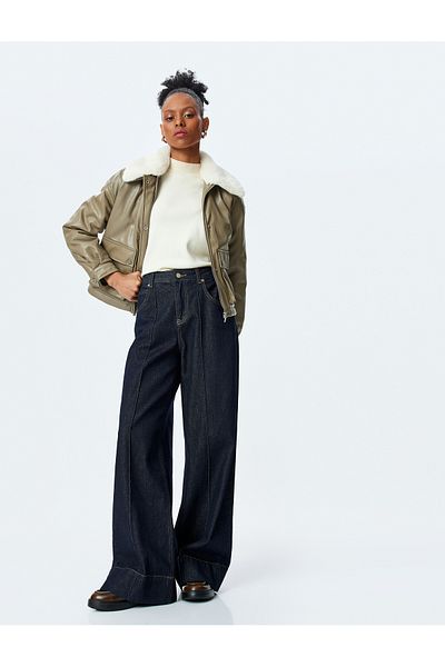 Koton Faux Leather Bomber Coat with Removable Faux Fur Collar