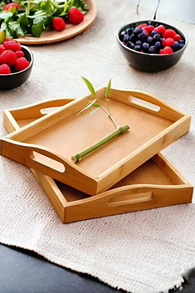 Sevinse Home İkili Ahşap Tepsi Dikdörtgen Kulplu Çay Kahve Sunum Tepsisi