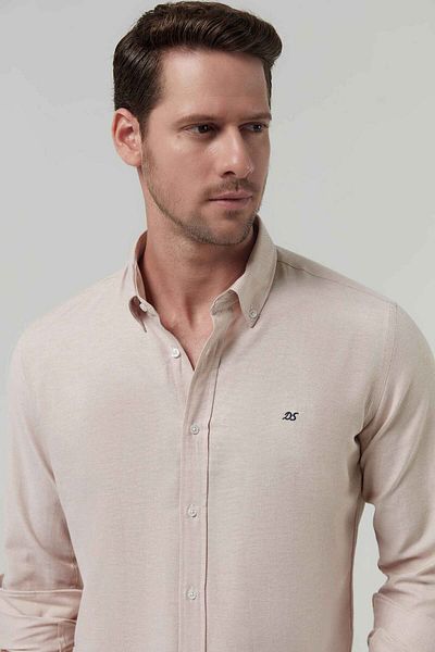 D'S Damat Μπεζ Slim Fit Oxford βαμβακερό πουκάμισο - Εύκολο σιδέρωμα, γιακά με κουμπιά και λεπτομέρεια κεντήματος