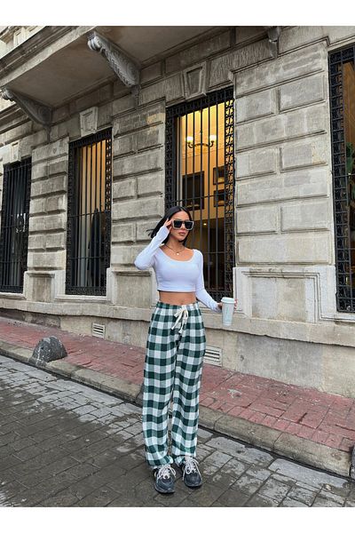 RE7EDİ Green White Harajuku Square Pattern Unisex Sleepwear Tracksuit
