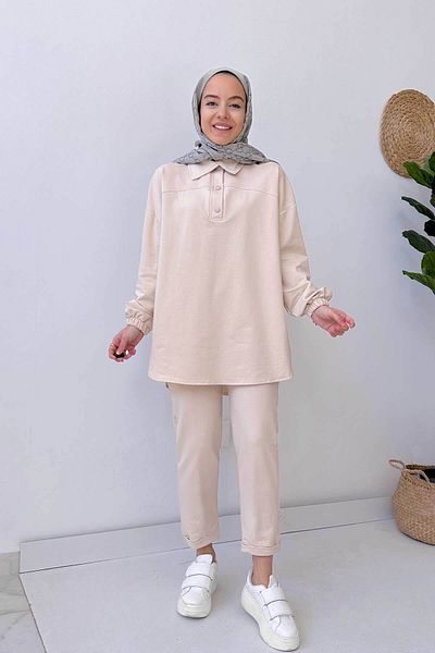 Ka Hijab Shirt Collar Two Thread Hijab Set - Beige