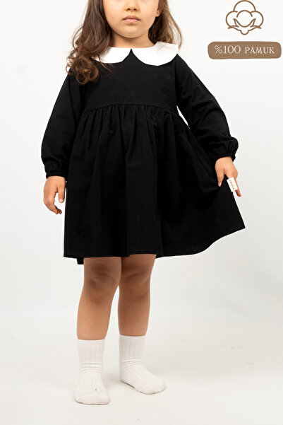 Vauva Kız Bebek Çocuk Elbise Uzun Kollu Yakalı Düğmeli Mevsimlik Elbise