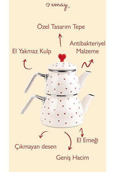 EMAYlab Cupid Kalp Desenli Emaye Çaydanlık Takımı (Özel Zamak Tepeli)