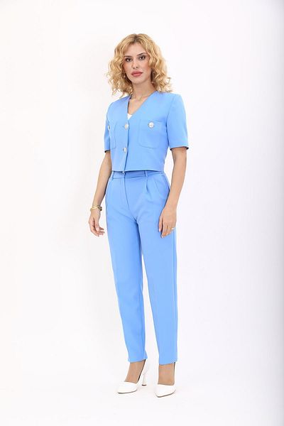 ÖNDER ÖZSOY Short Sleeve Collarless Mini Jacket & Pleated Tube Leg Pants Set-Sky