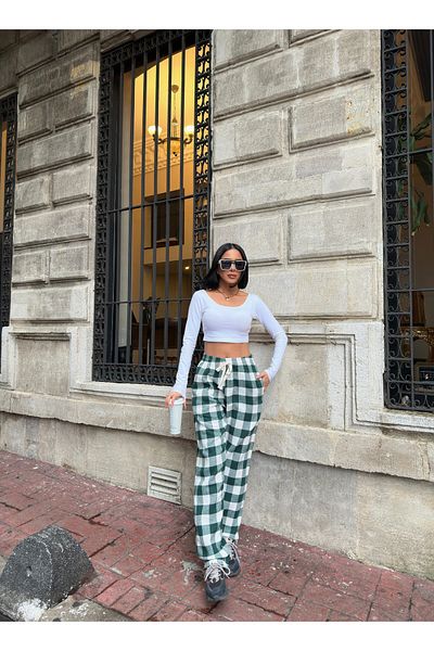 RE7EDİ Green White Harajuku Square Pattern Unisex Sleepwear Tracksuit