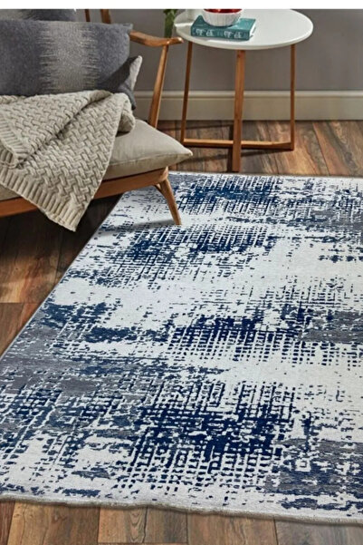 Frt Export Modern Makinede Yıkanabilir Mavi Beyaz Saçaklı Çift Taraflı Kilim