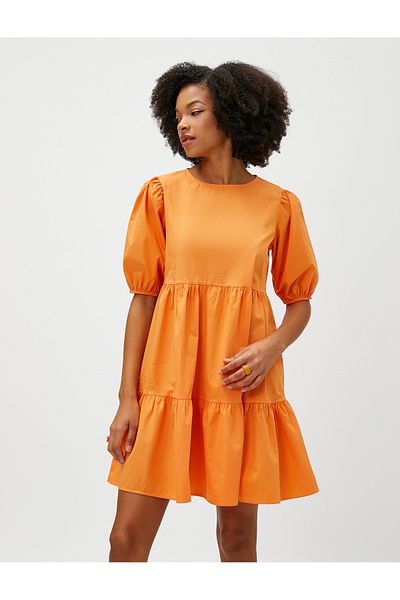 Koton Μίνι φόρεμα Poplin Balloon Sleeve Flounce Crew Neck Βαμβακερό