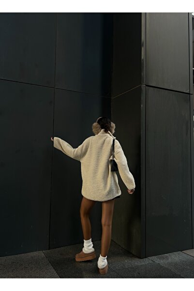 minaaise Μπεζ βελούδινο μπλουζάκι με μισό φερμουάρ Oversize κεντημένο φούτερ 28354