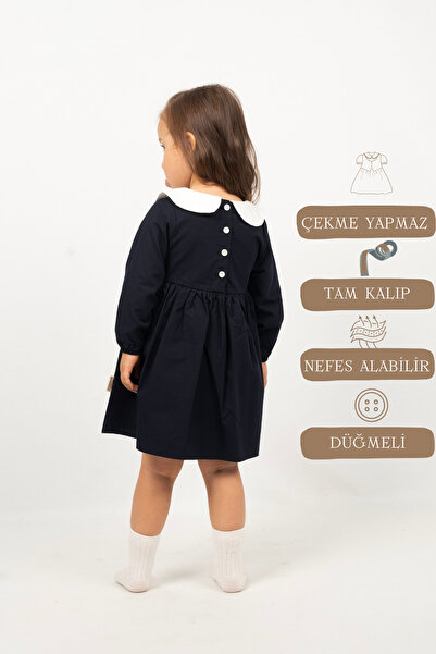 Vauva Kız Bebek Çocuk Elbise Uzun Kollu Yakalı Düğmeli Mevsimlik Elbise