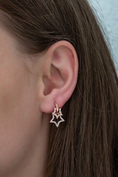 Nereze Kadın 925 Ayar Rose Çift Yıldız Küpe Gümüş Küpe