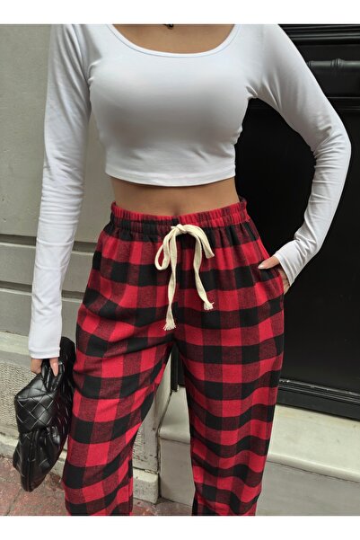 RE7EDİ kırmızı siyah Harajuku Kare Desenli Unisex Pijama Eşofman