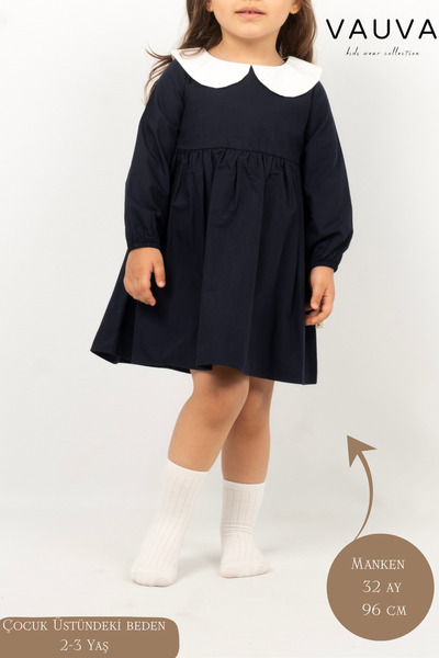 Vauva Kız Bebek Çocuk Elbise Uzun Kollu Yakalı Düğmeli Mevsimlik Elbise