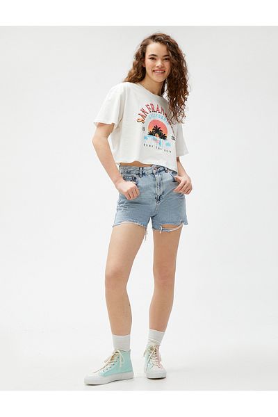 Koton Crop T-Shirt Printed Short Sleeve Crew Neck Cotton