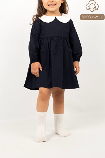 Vauva Kız Bebek Çocuk Elbise Uzun Kollu Yakalı Düğmeli Mevsimlik Elbise