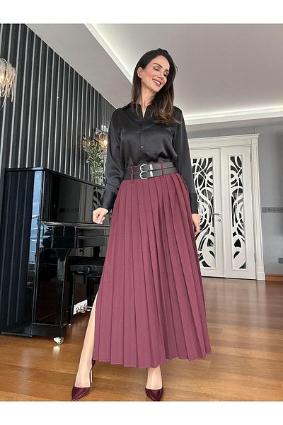 Atelier Derin Fusta lungă plisată cu curea dublă roșu Claret