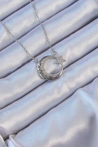 Store 316l سلسلة الصلب فضية اللون الزركون حجر عزر قلادة نجمة القمر