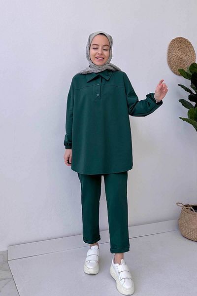 Ka Hijab Shirt Collar Two Thread Hijab Set - Emerald
