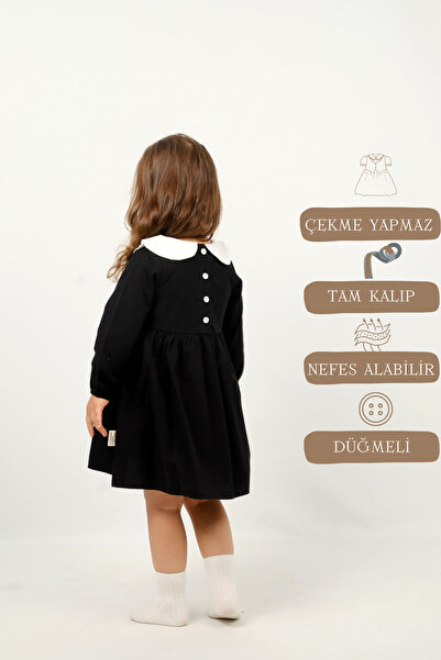Vauva Kız Bebek Çocuk Elbise Uzun Kollu Yakalı Düğmeli Mevsimlik Elbise