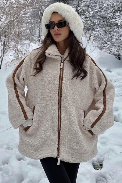 Madmext Beige Stripe Detailed Stand Collar Women's Plush Coat Mg2260