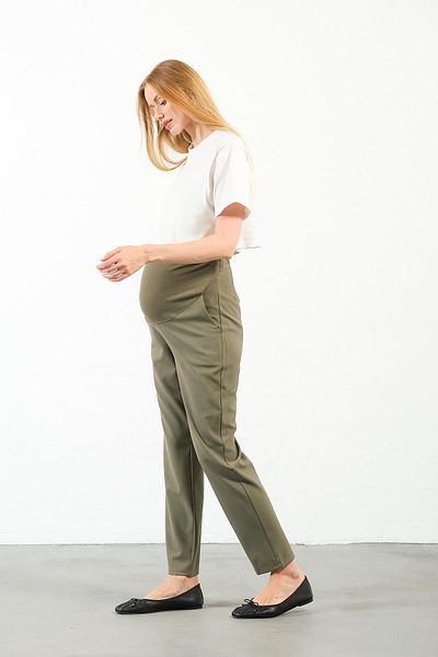 BUSA Maternity Flexible Abdominal Band Adjustable Waist Mom Fit Classic Gabardine Pants Khaki