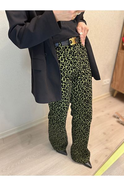 DENIMCI Velvet Leopard Print Emerald Green Denim Trousers