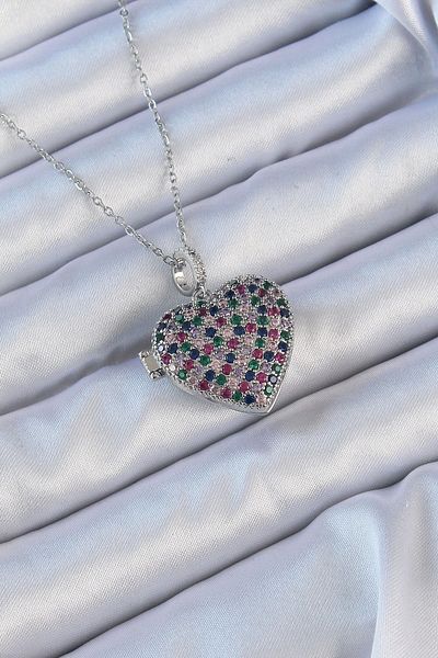 Store 316L Steel Chain Silver Color Colorful Zircon Stone Opening Curved Heart Necklace