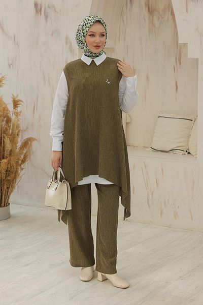 Armine Trend Bat Patterned Shirt Collar Triple Suit Oil Green 24Kt634