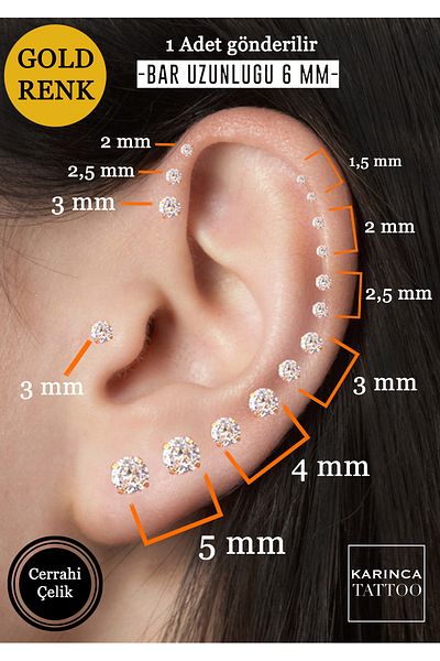 Karınca Piercing Stone Detailed Piercing - Ear, Tragus, Forward Helix, Flat Conch, Lip, Nose and Nostril Surgical Steel Earrings