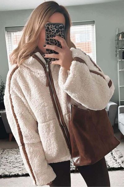 Madmext Beige Stripe Detailed Stand Collar Women's Plush Coat Mg2260