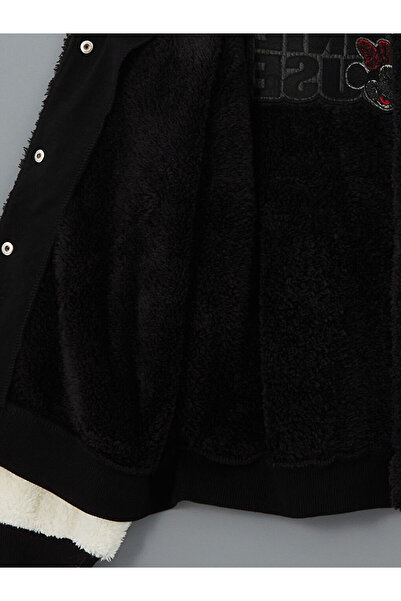 LC Waikiki Black Crew Neck Embroidered Plush Girl's Jacket